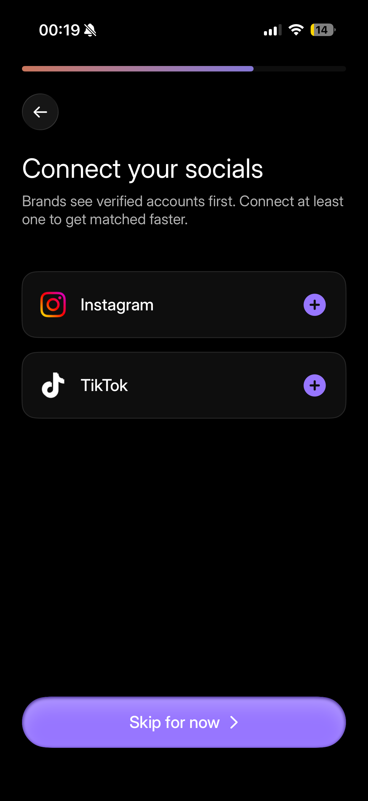 Connect your socials screen